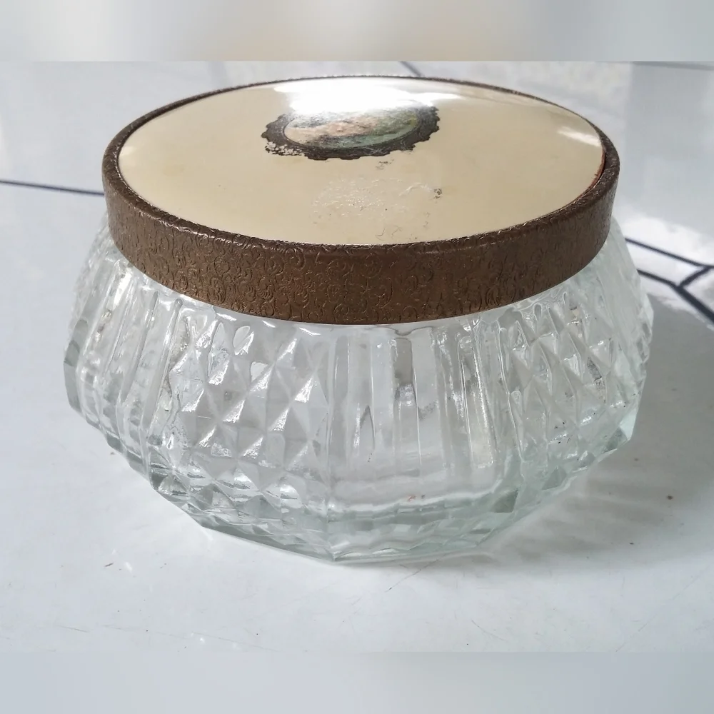 Vintage Glass Vanity Jar with Decorative Cameo Style Lid, Art Deco